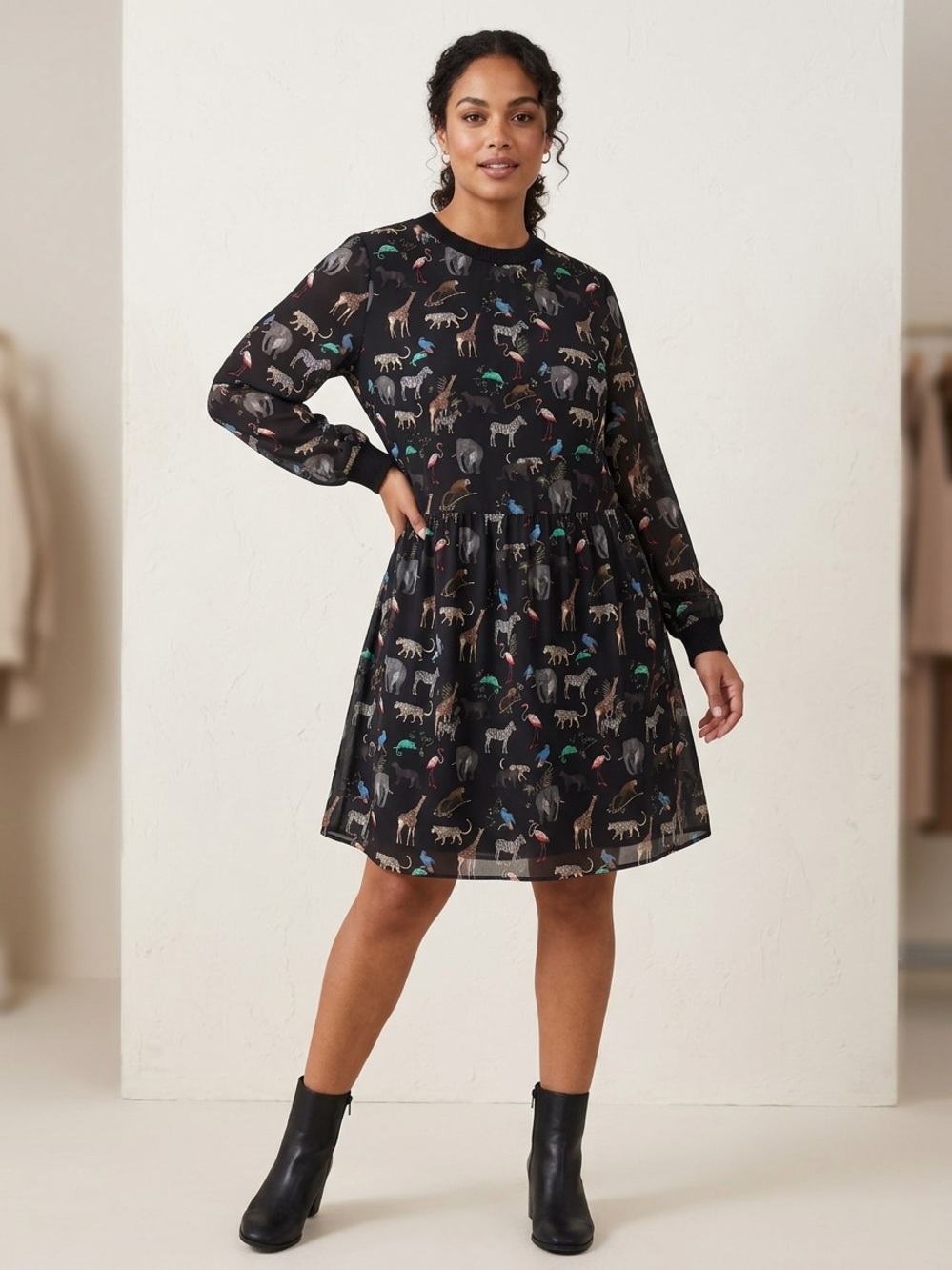 Black Animal Print Long Sleeve Dress